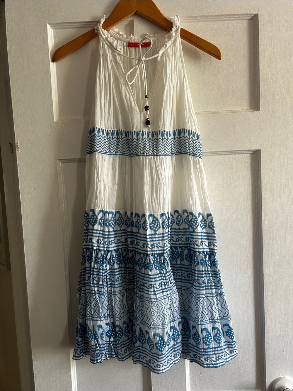 Oliphant White and Blue Printed Halter summer Mini Dress